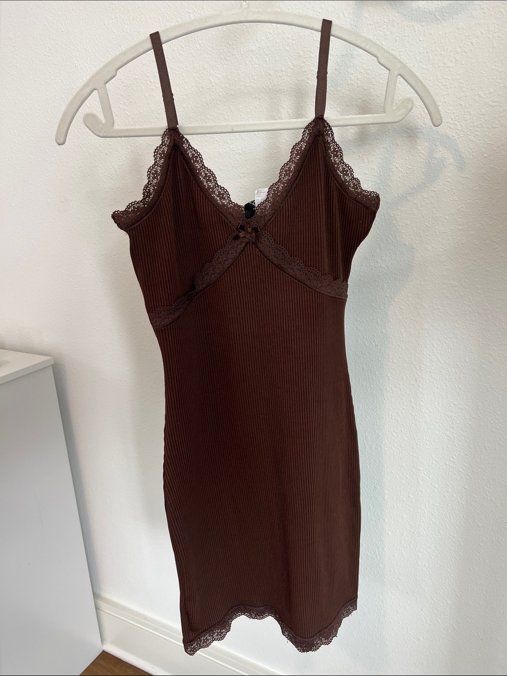 Divided Brown Ribbed Lace-Trim Slip Dress